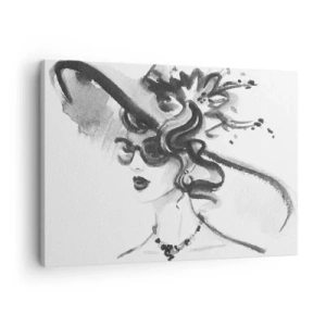 Quadro em tela - Mulher elegante com um chapéu em estilo preto e branco - 70x50cm - Uma dama com caráter - Decoração de parede moderna para a sala de estar e quarto ARTTOR