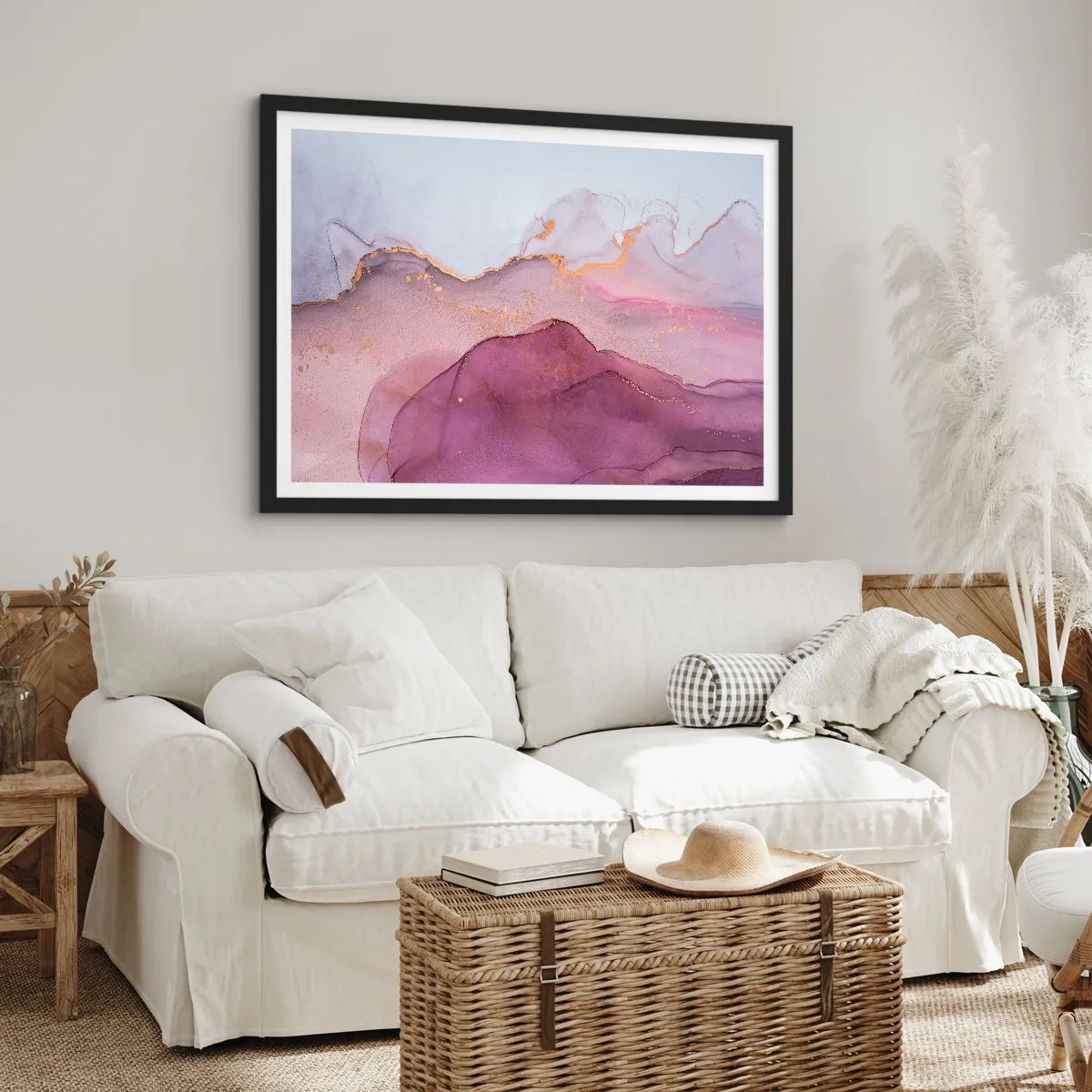 Pôster com moldura preta - Ondas de lilás e roxo - 100x70 cm