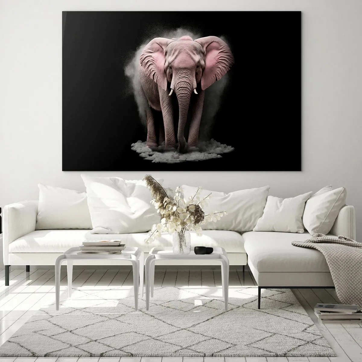 Quadro em vidro - Um elefante rosa em um fundo preto cercado por uma nuvem de poeira. - 70x50cm - Não pense em um elefante rosa! - Decoração de parede moderna para a sala de estar e quarto ARTTOR