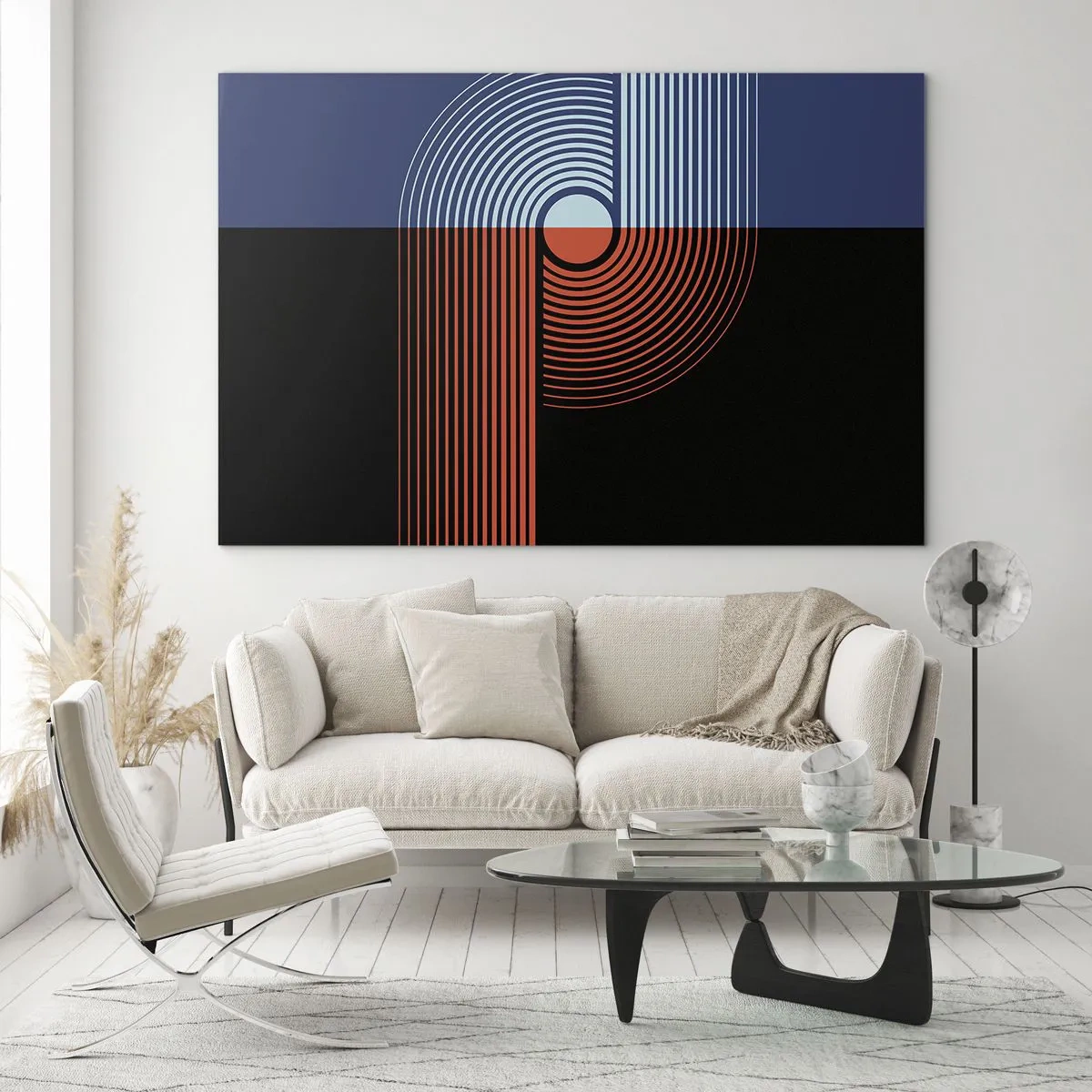 Quadro em vidro - Gráficos geométricos modernos em cores contrastantes - 70x50cm - Num abraço geométrico - Decoração de parede moderna para a sala de estar e quarto ARTTOR