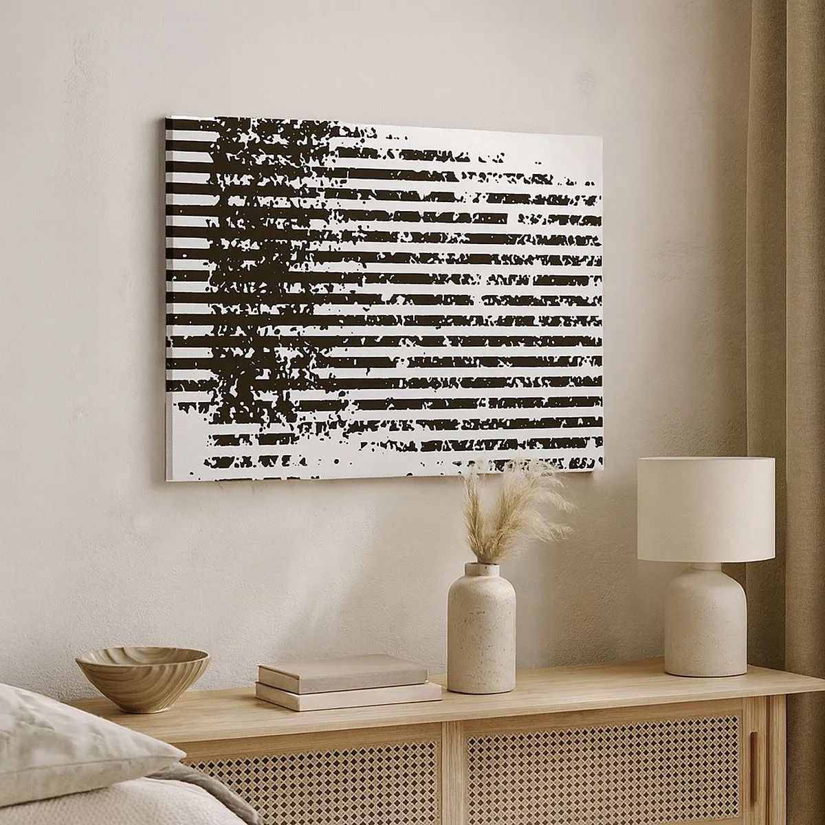 Quadro em tela - Linhas abstratas com efeito desgastado em preto e branco - 70x50cm - Ritmo e ruído - Decoração de parede moderna para a sala de estar e quarto ARTTOR