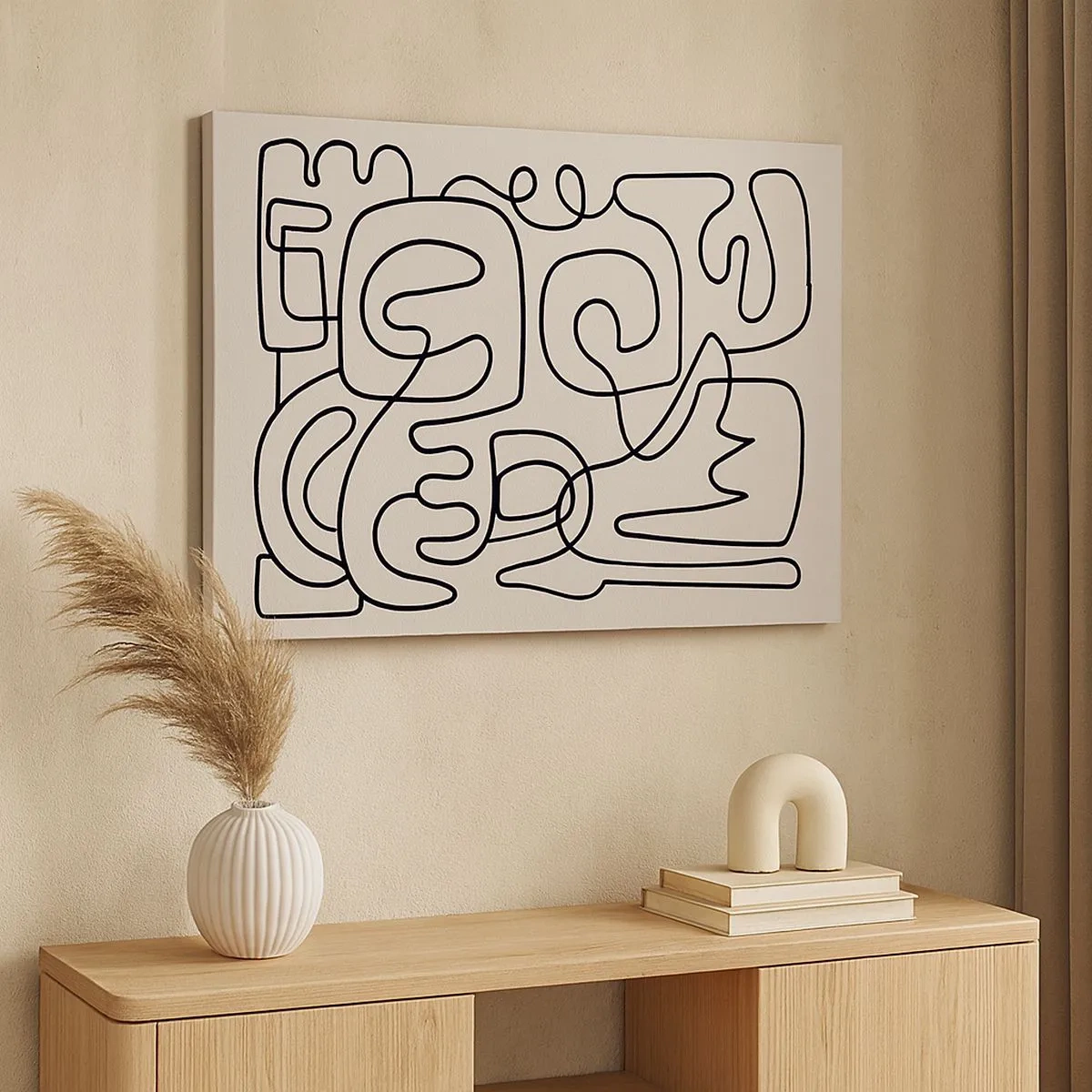 Quadro em tela - Padrão de arte linear abstrata em preto sobre fundo claro - 70x50cm - Na trilha - Decoração de parede moderna para a sala de estar e quarto ARTTOR