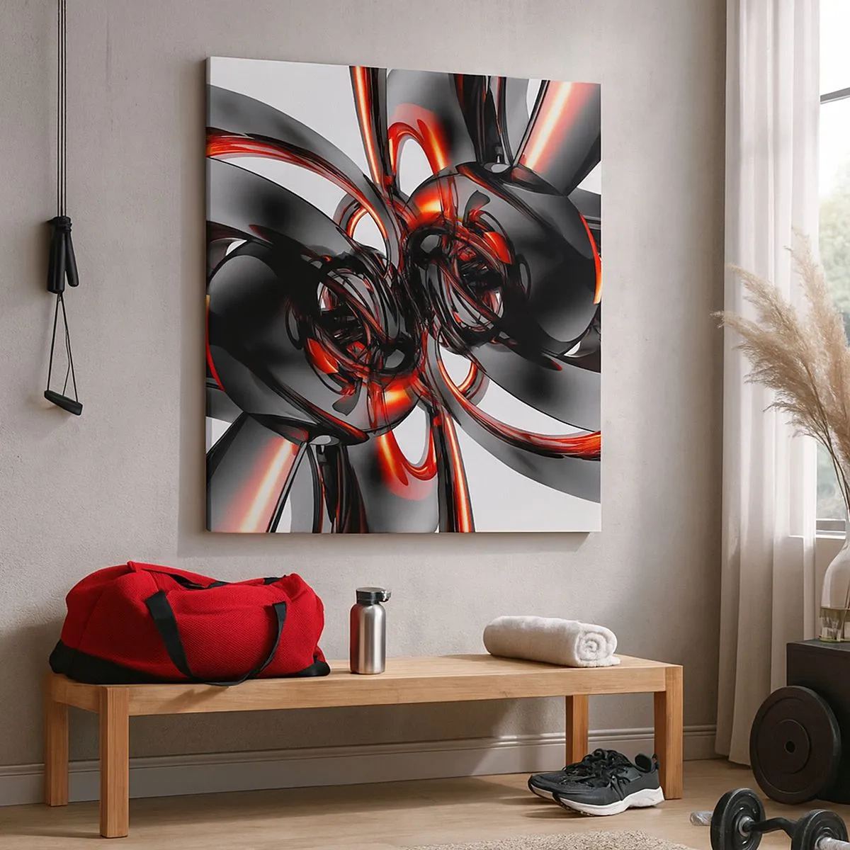 Quadro em tela - Movimento em grafite e vermelho - 30x30 cm