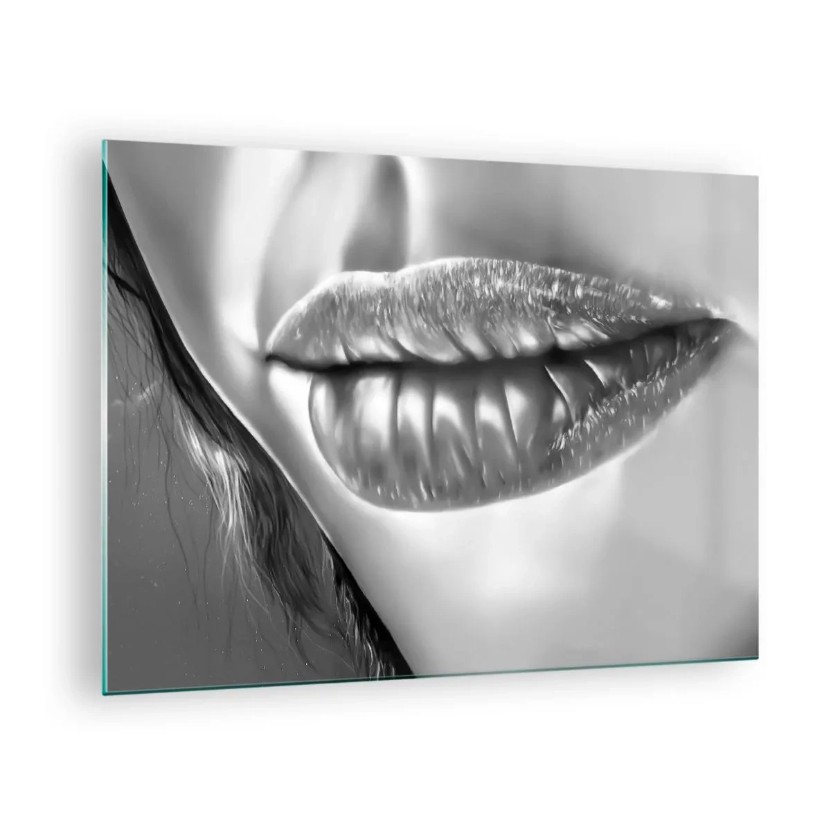 Quadro em vidro - Lábios femininos sensuais em tons monocromáticos - 70x50cm - Eu sei o que está a pensar... - Decoração de parede moderna para a sala de estar e quarto ARTTOR
