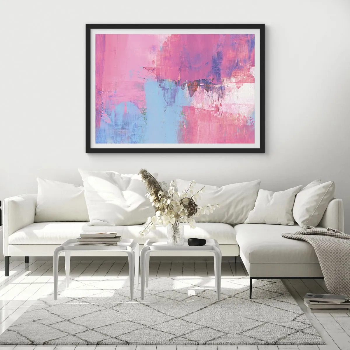 Pôster com moldura preta - Rosa, azul e uma pitada de luz - 70x50 cm
