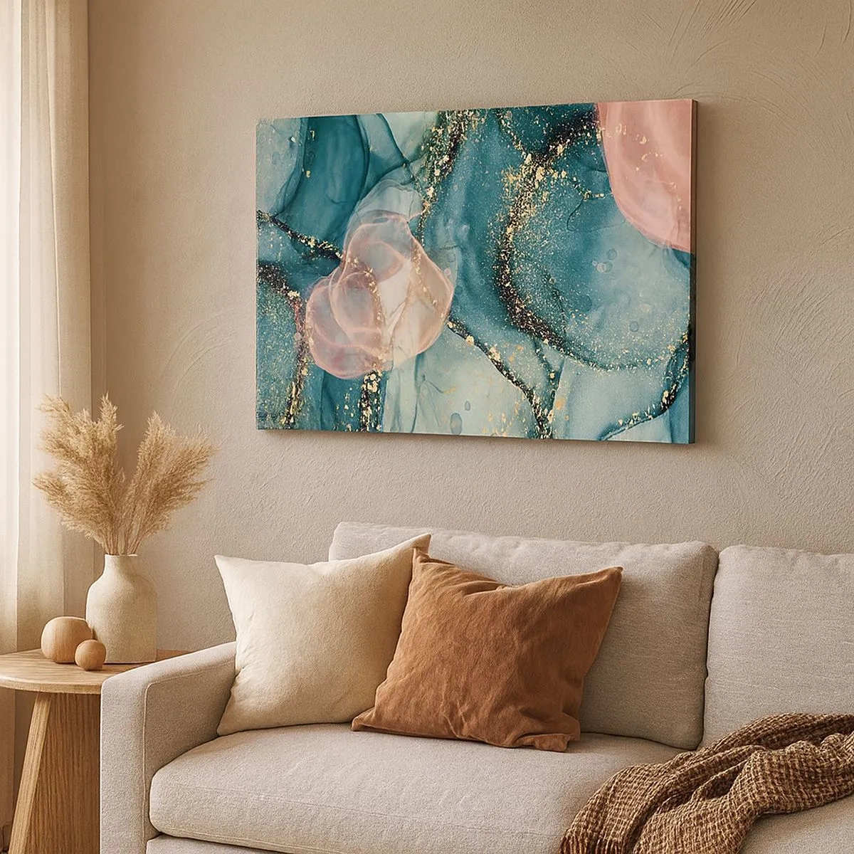 Quadro em tela - Uma composição abstrata em tons de turquesa e dourado. - 70x50cm - Azul seda, rosa tule - Decoração de parede moderna para a sala de estar e quarto ARTTOR