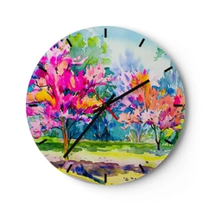 Relógio de parede - Relógio em vidro - Paisagem em aquarela com árvores coloridas - 30x30cm - Um jardim arco-íris no brilho da primavera - Decoração de parede moderna para a sala de estar, cozinha e quarto ARTTOR
