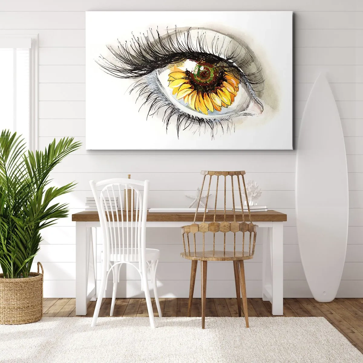 Quadro em tela - Olho artístico com íris em forma de girassol - 70x50cm - Um olhar tão quente como o verão - Decoração de parede moderna para a sala de estar e quarto ARTTOR