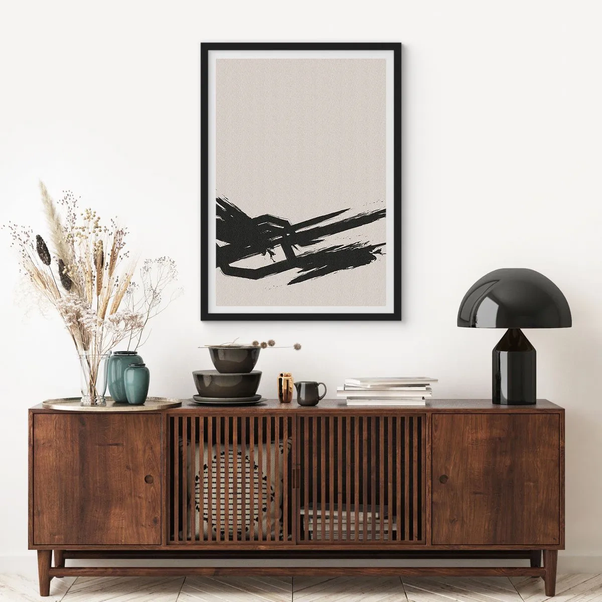 Pôster com moldura preta - Abstração dinâmica com pincelada em preto - 50x70cm - Corrida imparável - Decoração de parede moderna para a sala de estar e quarto ARTTOR