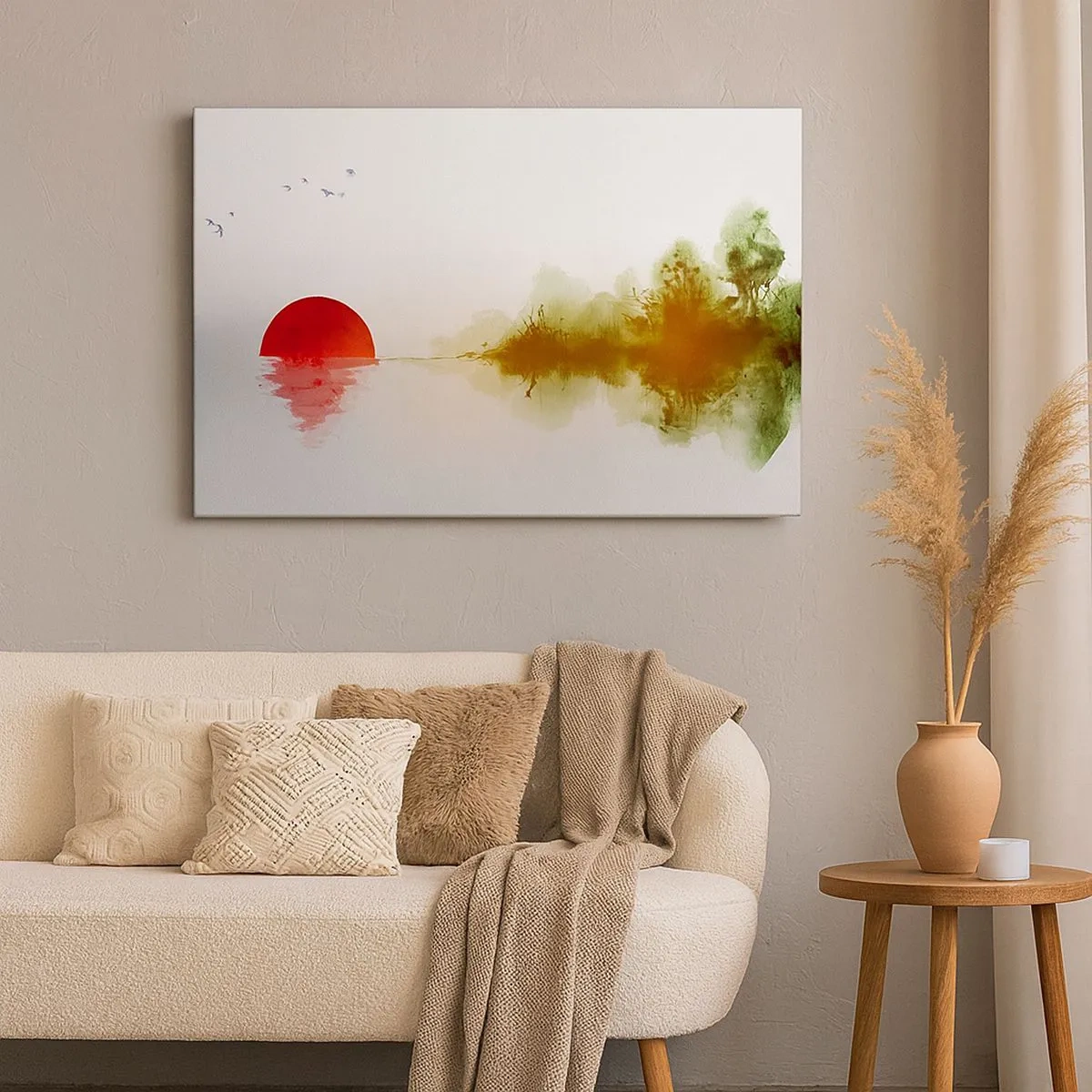 Quadro em tela - Pôr do sol abstrato sobre um lago com reflexo - 70x50cm - Uma promessa de paz - Decoração de parede moderna para a sala de estar e quarto ARTTOR