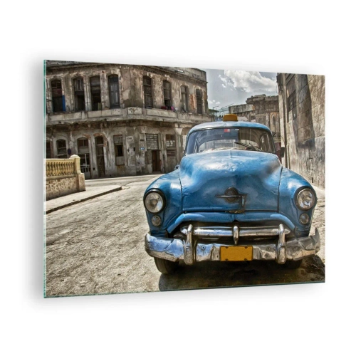 Quadro em vidro - Carro clássico cubano nas ruas de Havana - 70x50cm - O antigo é lindo - Decoração de parede moderna para a sala de estar e quarto ARTTOR