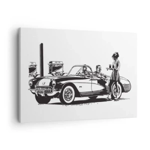 Quadro em tela - Uma cena retrô em preto e branco com um carro e uma garçonete de patins. - 70x50cm - 60º - América Despreocupada - Decoração de parede moderna para a sala de estar e quarto ARTTOR