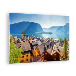 Quadro em vidro - Uma cidade pitoresca em um lago cercado por montanhas - 70x50cm - Não poderia ser mais pitoresco - Decoração de parede moderna para a sala de estar e quarto ARTTOR