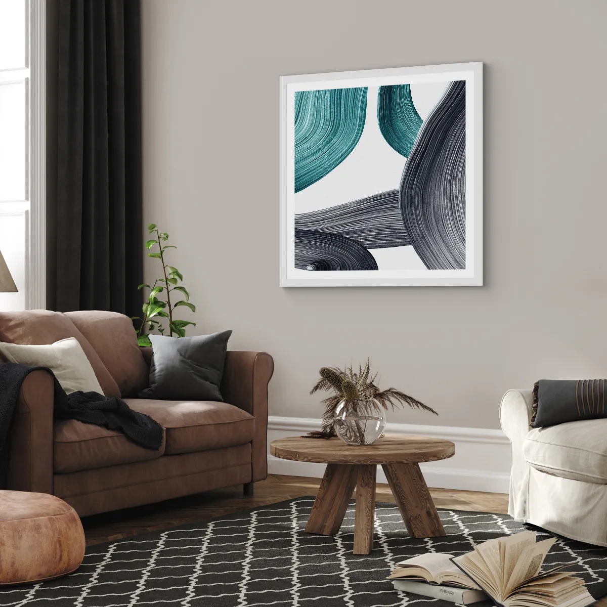 Pôster em moldura branca - Trilhas esmeralda e preta - 60x60 cm