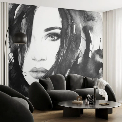 Papel de Parede Standard Eco - Retrato de uma dama a preto e branco - Abstração, Rosto de mulher, Retrato - 350x256 cm