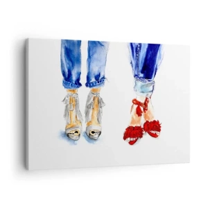 Quadro em tela - Ilustração de dois pares de sapatos em sandálias estilosas e jeans - 70x50cm - Por que não vamos passear? - Decoração de parede moderna para a sala de estar e quarto ARTTOR