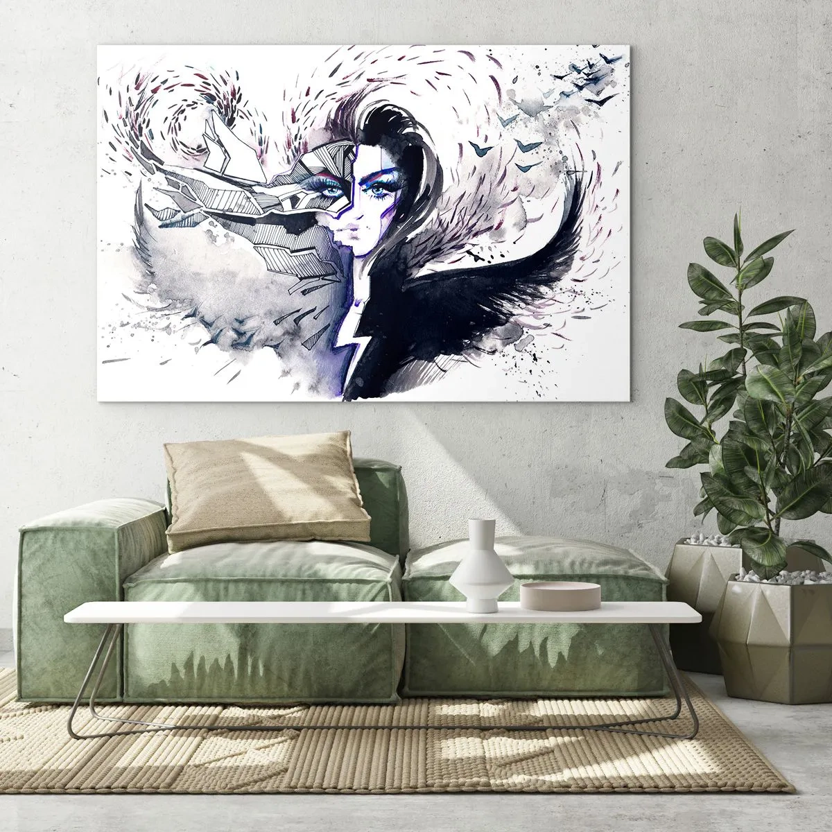 Quadro em vidro - Retrato abstrato com elementos dinâmicos e preto - 70x50cm - Demoníaca e linda - Decoração de parede moderna para a sala de estar e quarto ARTTOR
