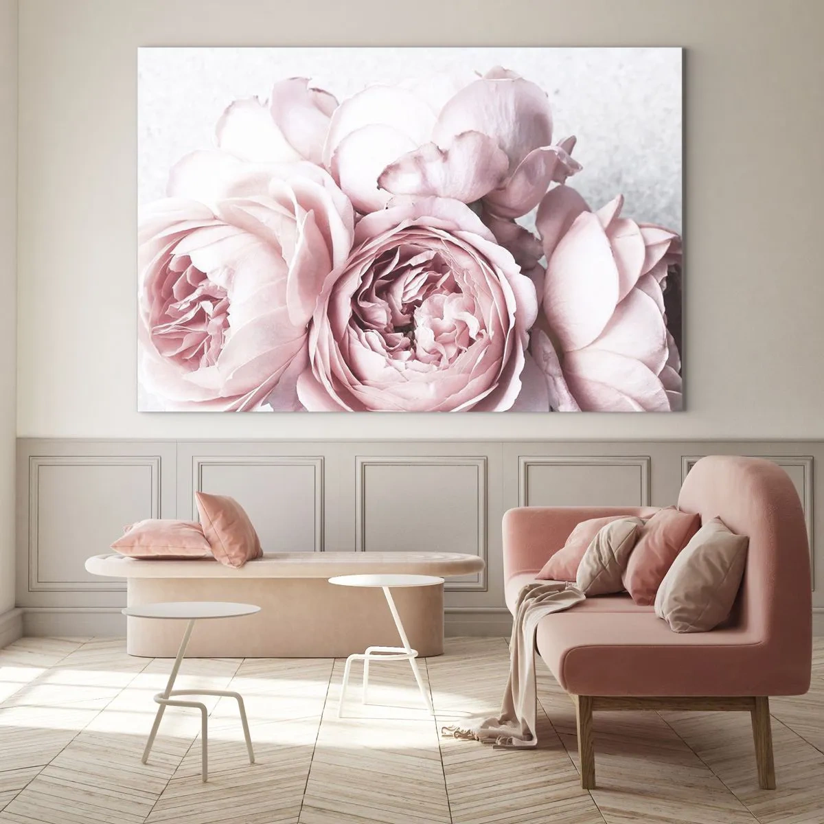 Quadro em vidro - Close-up de flores de peônia rosa em luz suave - 70x50cm - Para românticos - Decoração de parede moderna para a sala de estar e quarto ARTTOR