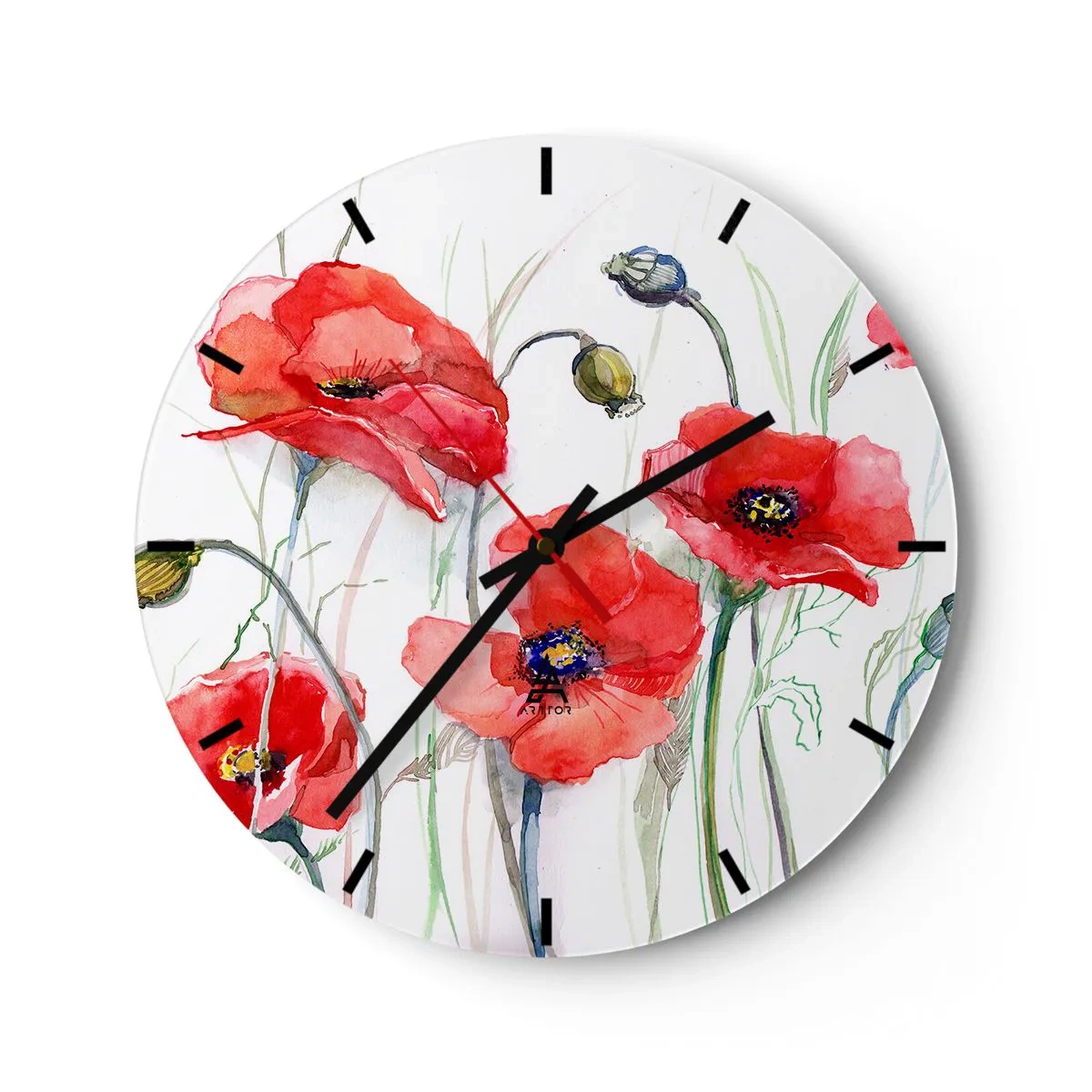Relógio de parede - Relógio em vidro - Um mostrador de relógio com um motivo em aquarela de papoulas vermelhas sobre um fundo branco. - 30x30cm - Flores polacas - Decoração de parede moderna para a sala de estar, cozinha e quarto ARTTOR