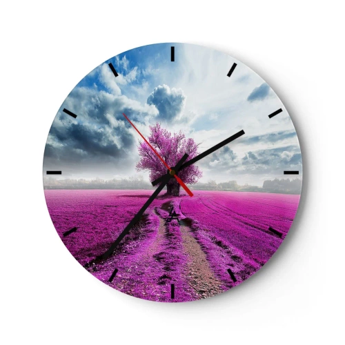 Relógio de parede - Relógio em vidro - Um campo roxo com uma árvore solitária contra o pano de fundo das nuvens - 30x30cm - Charmosa charneca - Decoração de parede moderna para a sala de estar, cozinha e quarto ARTTOR