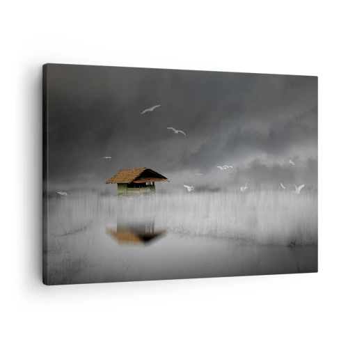 Quadro em tela - Uma casa solitária na água cercada por neblina e pássaros - 70x50cm - Abrigo da chuva - Decoração de parede moderna para a sala de estar e quarto ARTTOR