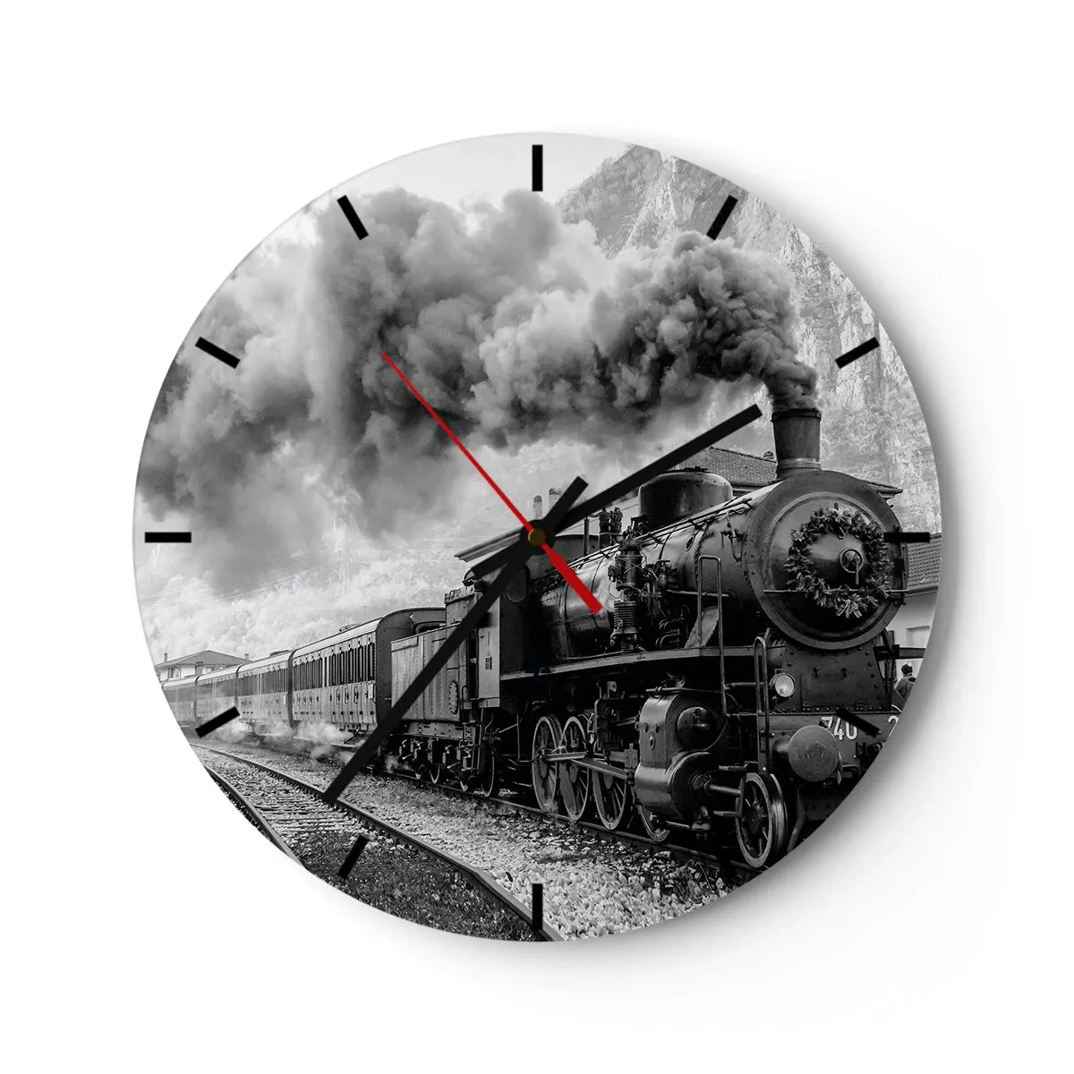 Relógio de parede - Relógio em vidro - Uma locomotiva a vapor preta e branca com uma chaminé fumegante - 30x30cm - À espera na estação... - Decoração de parede moderna para a sala de estar, cozinha e quarto ARTTOR