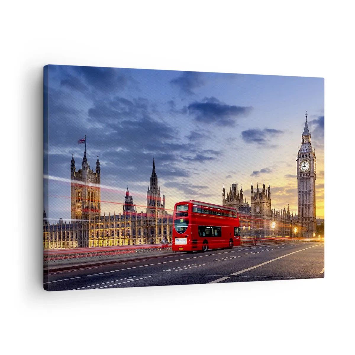 Quadro em tela - Um ônibus vermelho com o Big Ben e o Parlamento ao fundo ao anoitecer. - 70x50cm - Marcas distintivas - Decoração de parede moderna para a sala de estar e quarto ARTTOR