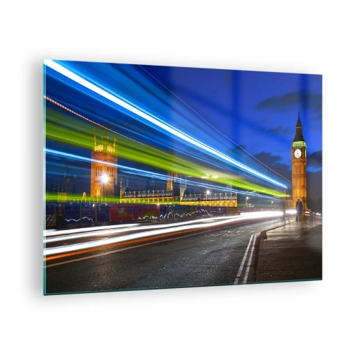 Quadro em vidro - Big Ben à noite com luzes de carro desfocadas - 70x50cm - Sob o olhar atento do Big Ben - Decoração de parede moderna para a sala de estar e quarto ARTTOR