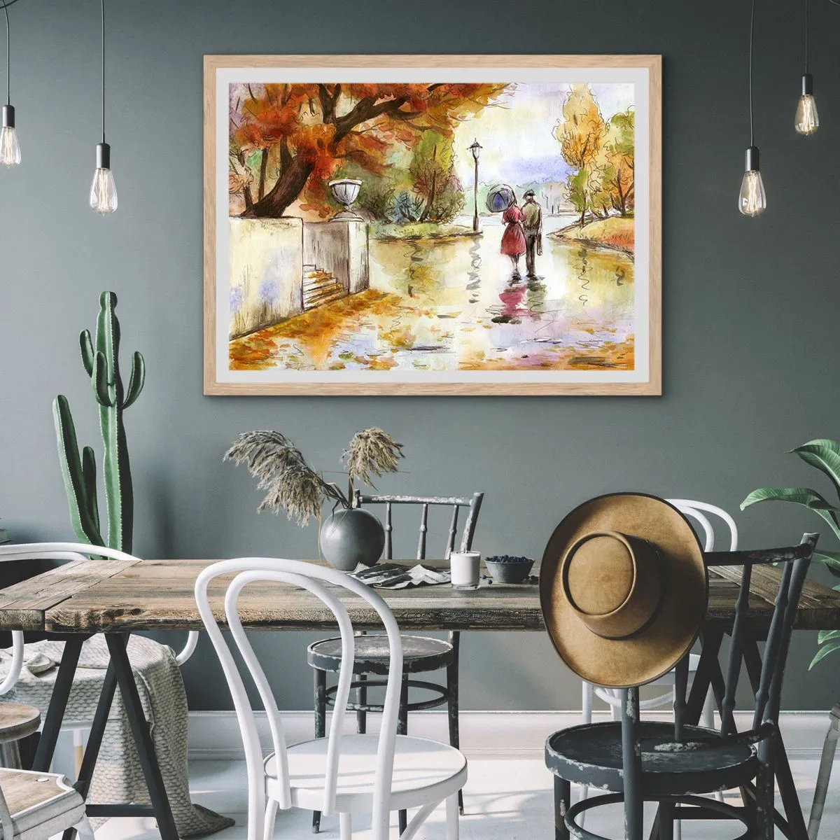 Pôster com moldura de carvalho claro - Outono romântico no parque - 70x50 cm