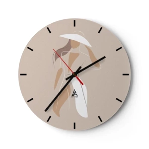 Relógio de parede - Relógio em vidro - Mulher estilosa com um chapéu em um fundo bege - 30x30cm - A moda é diversão - Decoração de parede moderna para a sala de estar, cozinha e quarto ARTTOR