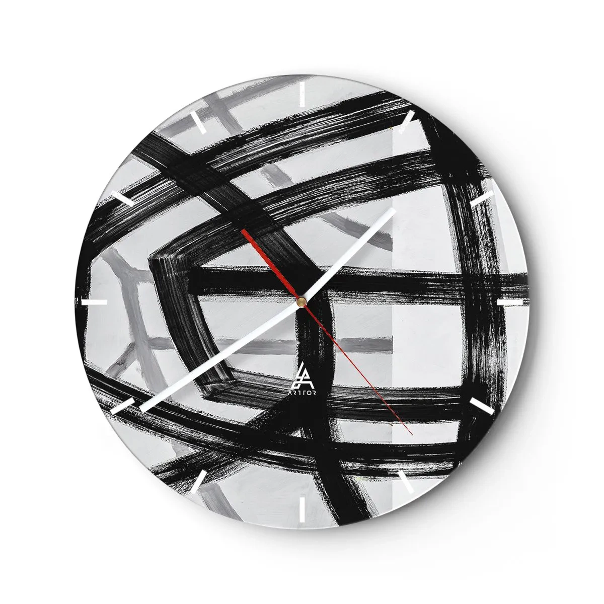 Relógio de parede - Relógio em vidro - Pinceladas pretas dinâmicas criando padrões tridimensionais - 30x30cm - Profundidade de construção - Decoração de parede moderna para a sala de estar, cozinha e quarto ARTTOR