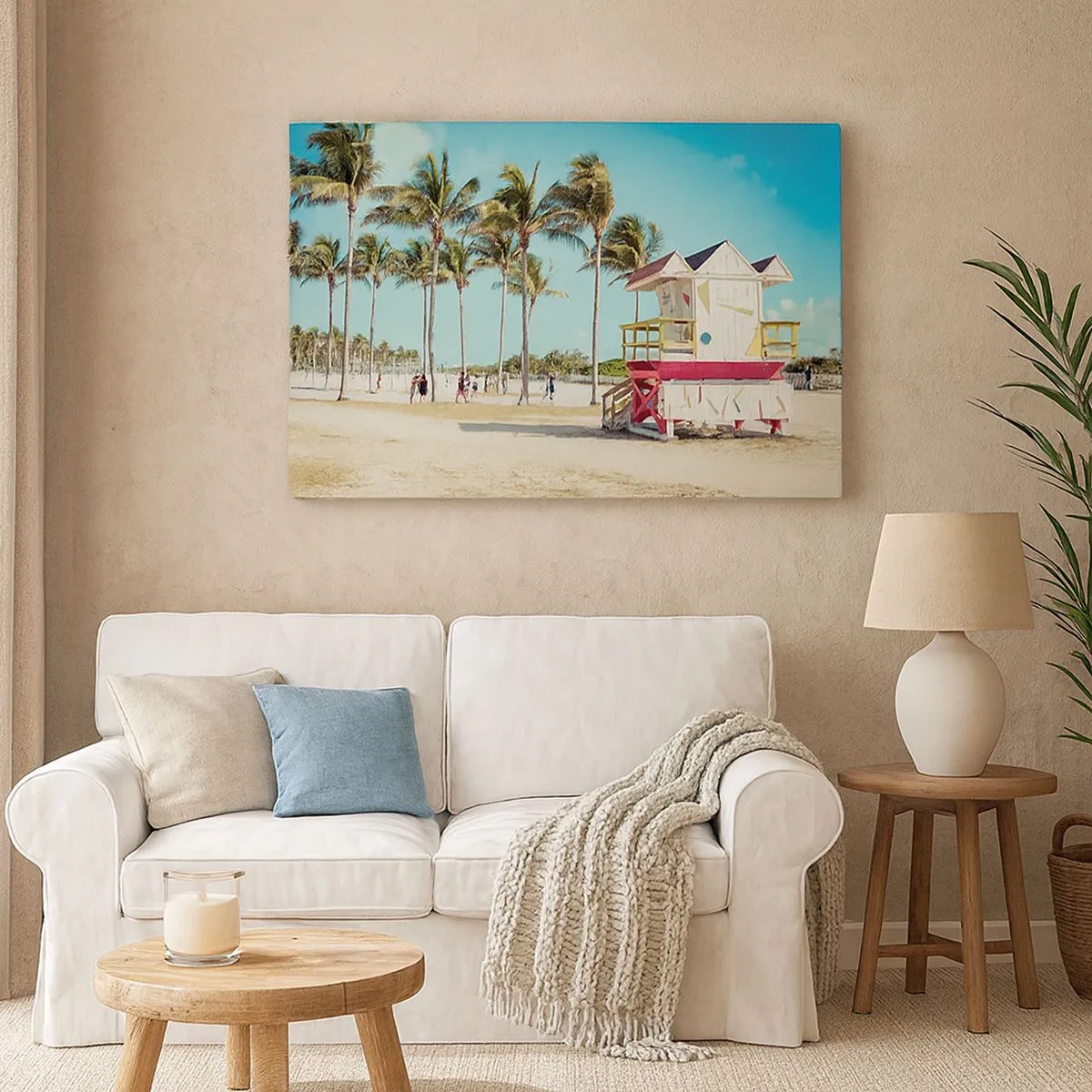 Quadro em tela - Uma praia com palmeiras e uma torre de salva-vidas ao fundo - 70x50cm - Um belo dia pela frente - Decoração de parede moderna para a sala de estar e quarto ARTTOR