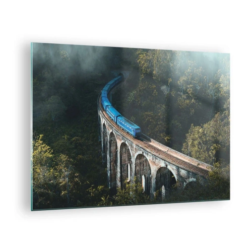Quadro em vidro - Um trem azul viajando ao longo de um viaduto de pedra na floresta - 70x50cm - Comboio para a natureza - Decoração de parede moderna para a sala de estar e quarto ARTTOR