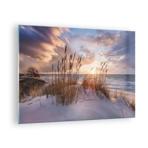Quadro em vidro - Pôr do sol sobre o mar visto através das ervas da praia - 70x50cm - Adeus ao sol e ao vento - Decoração de parede moderna para a sala de estar e quarto ARTTOR