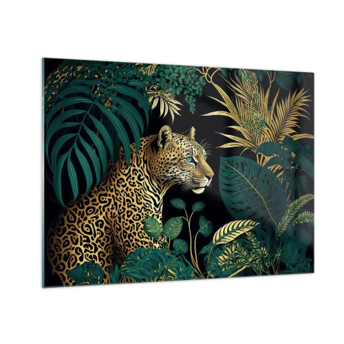 Quadro em vidro - Um leopardo entre folhas tropicais em um fundo escuro - 70x50cm - Um anfitrião na selva - Decoração de parede moderna para a sala de estar e quarto ARTTOR
