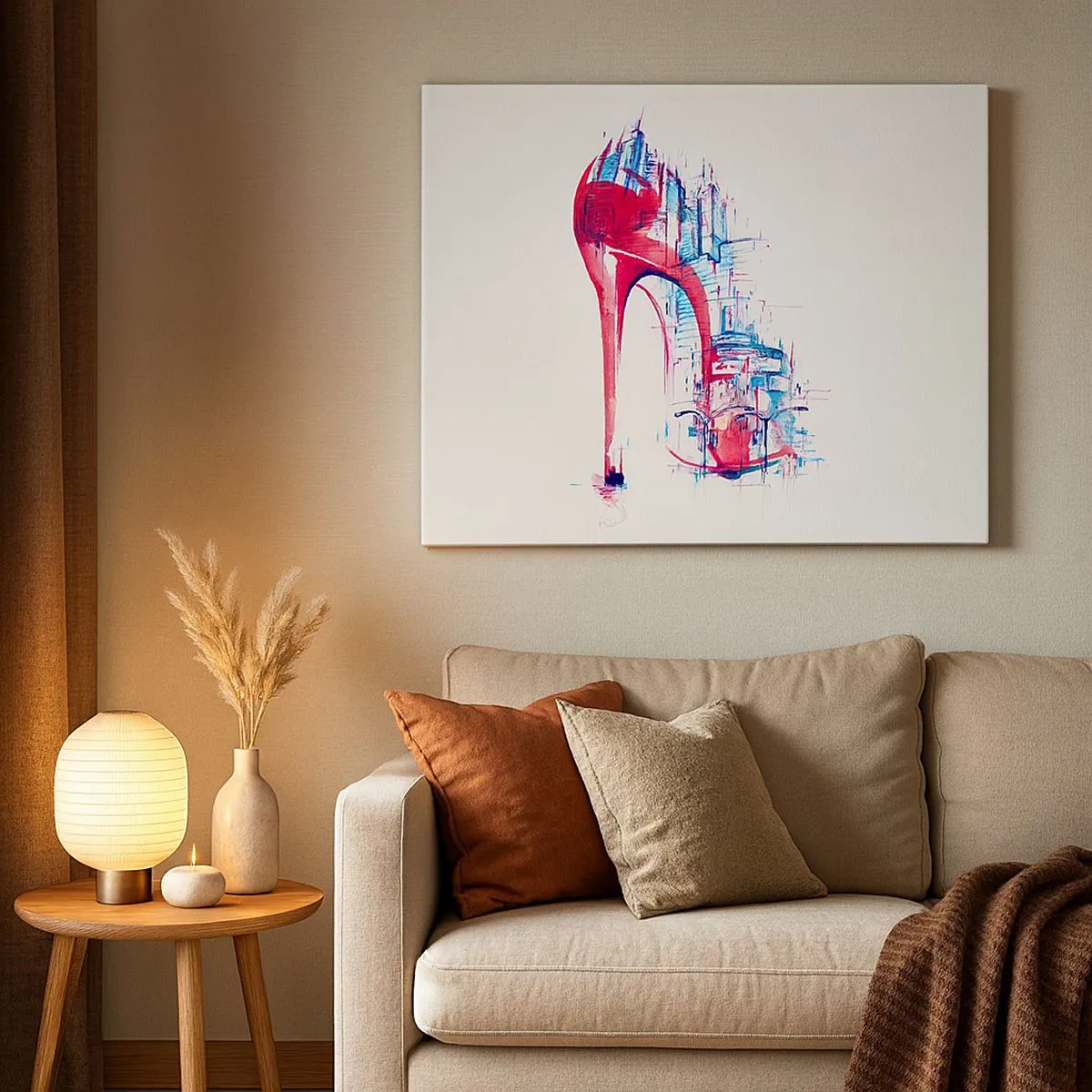 Quadro em tela - Salto agulha vermelho abstrato com detalhes urbanos - 70x50cm - Elegância metropolitana - Decoração de parede moderna para a sala de estar e quarto ARTTOR