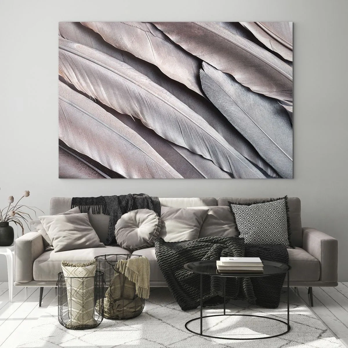 Quadro em vidro - Close-up de penas pastéis em tons de rosa e prata - 70x50cm - Em prateado rosa - Decoração de parede moderna para a sala de estar e quarto ARTTOR