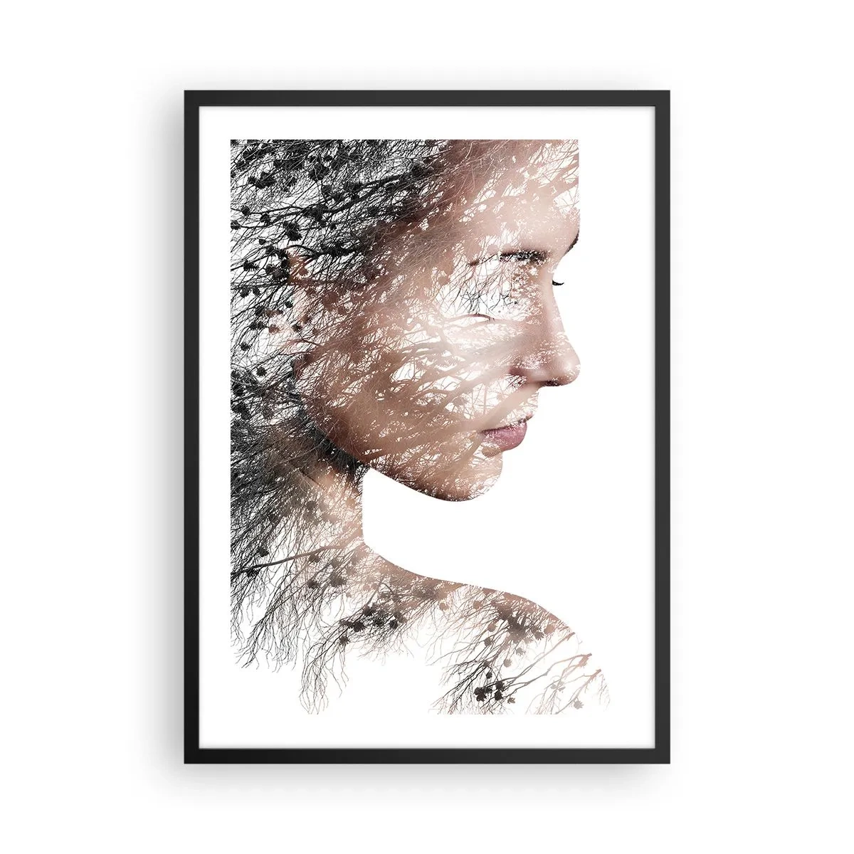 Pôster com moldura preta - Retrato de dupla exposição de uma mulher com um motivo da natureza - 50x70cm - Espírito da floresta - Decoração de parede moderna para a sala de estar e quarto ARTTOR