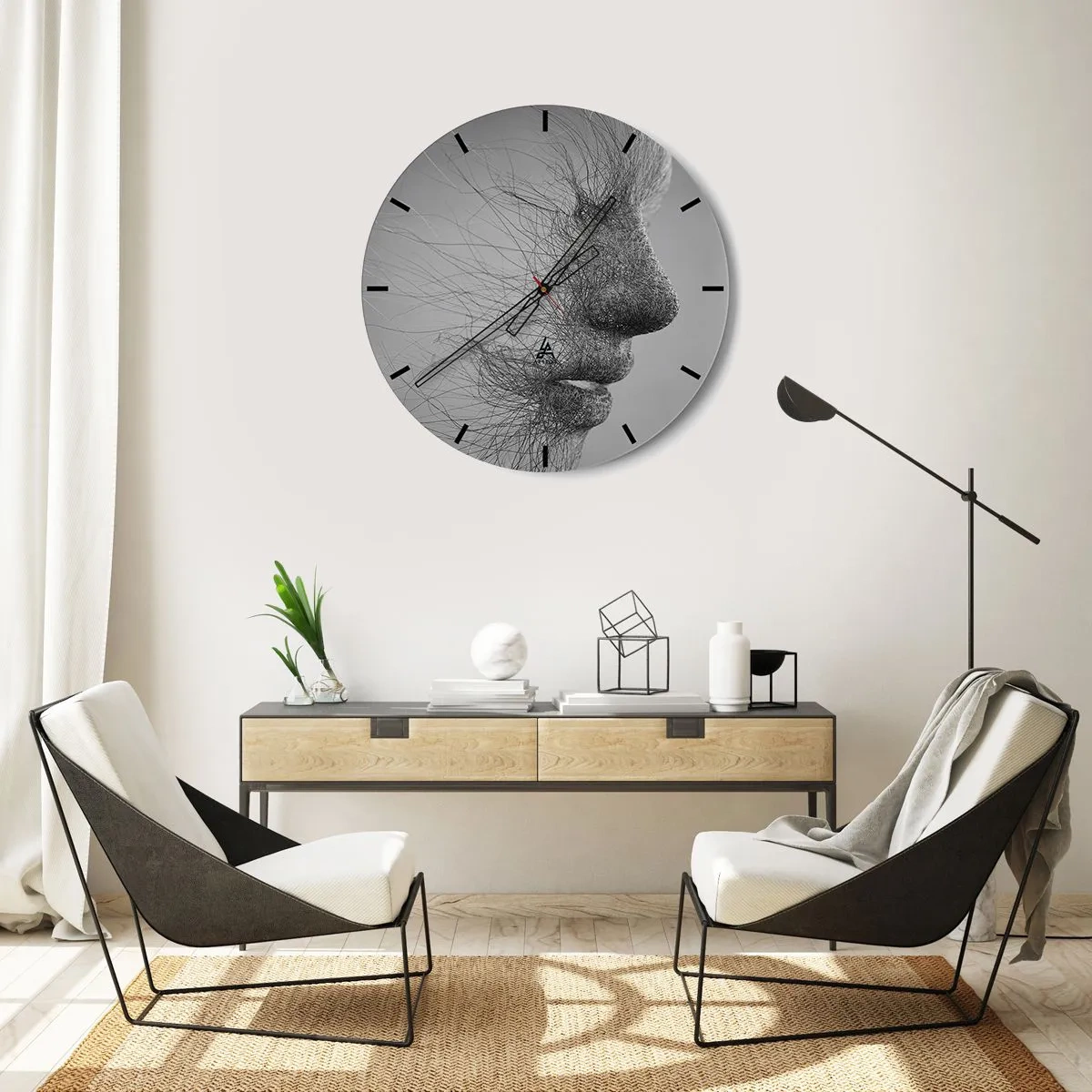 Relógio de parede - Relógio em vidro - Rosto abstrato com linhas finas em um fundo cinza - 30x30cm - Espírito do vento - Decoração de parede moderna para a sala de estar, cozinha e quarto ARTTOR