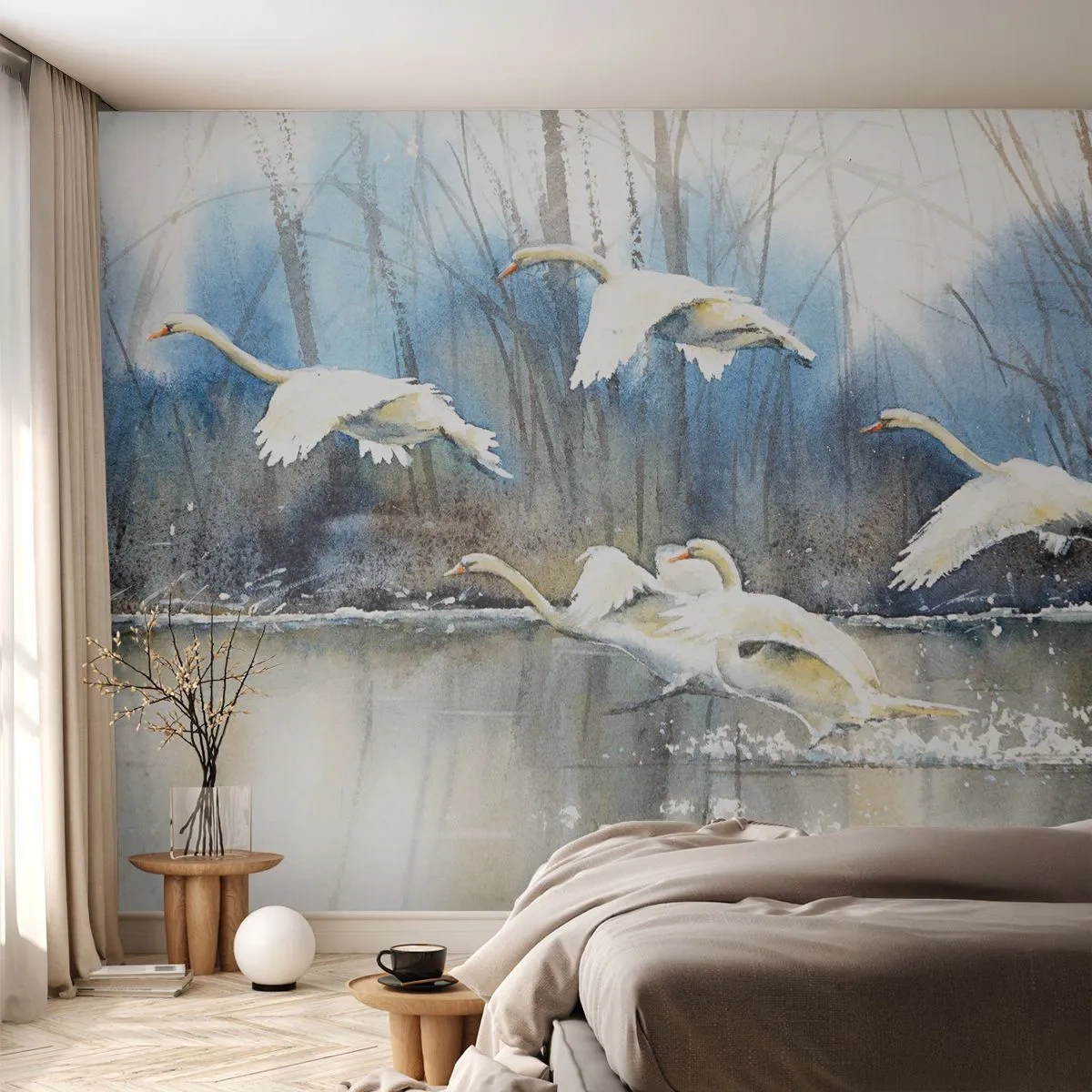 Papel de Parede Premium Sand - Como no conto de fadas sobre cisnes selvagens - Cisnes, Pássaros, Paisagem - 150x105 cm