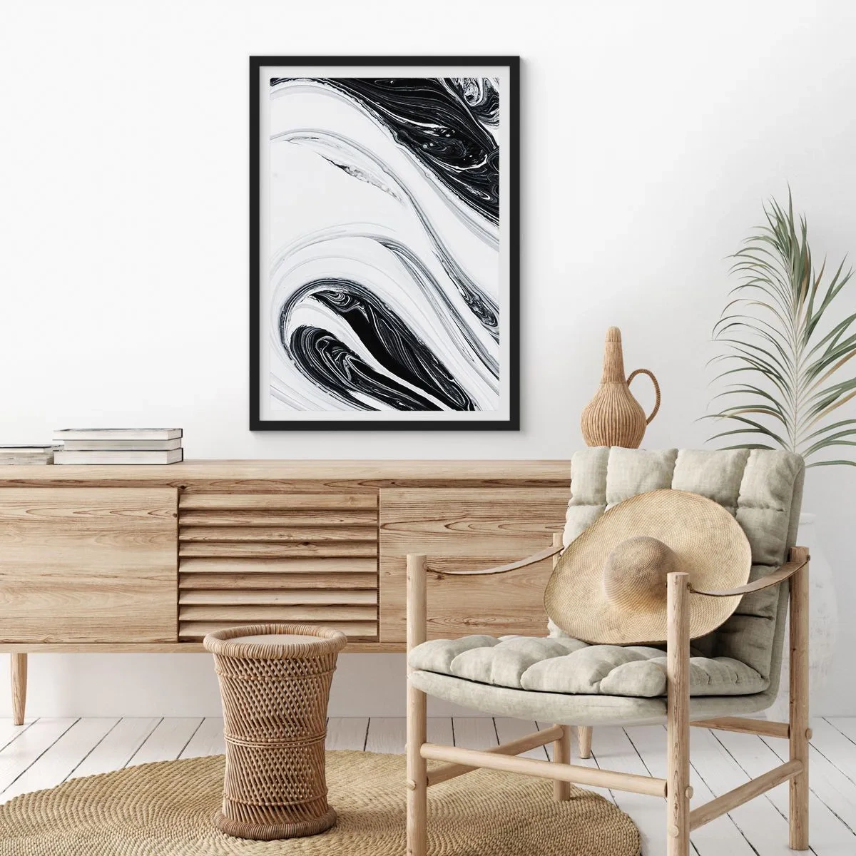 Pôster com moldura preta - Padrão abstrato em preto e branco com linhas fluidas - 50x70cm - Uma combinação de opostos - Decoração de parede moderna para a sala de estar e quarto ARTTOR