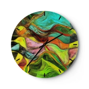 Relógio de parede - Relógio em vidro - Abstração colorida com linhas e formas dinâmicas - 30x30cm - O movimento é vida - Decoração de parede moderna para a sala de estar, cozinha e quarto ARTTOR