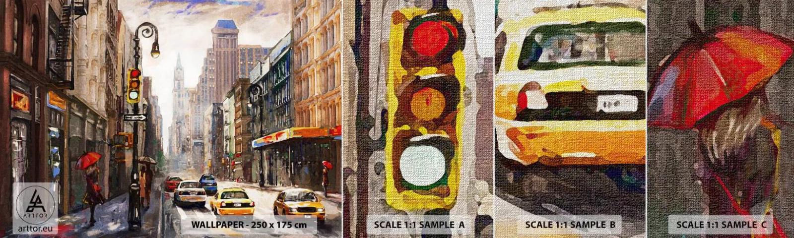 Amostra de papel de parede Premium Canvas - Nova York – colorida também na chuva - Nova Iorque, Cidade, Manhattan - 100x30 cm