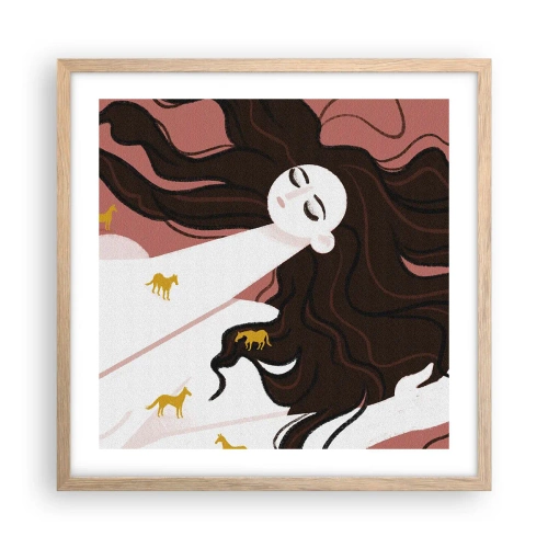 Pôster com moldura de carvalho claro - Sonho com um cavalo dourado - 50x50 cm
