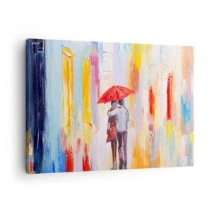 Quadro em tela - Um casal sob um guarda-chuva vermelho com prédios coloridos ao fundo. - 70x50cm - Que continue a chover - Decoração de parede moderna para a sala de estar e quarto ARTTOR