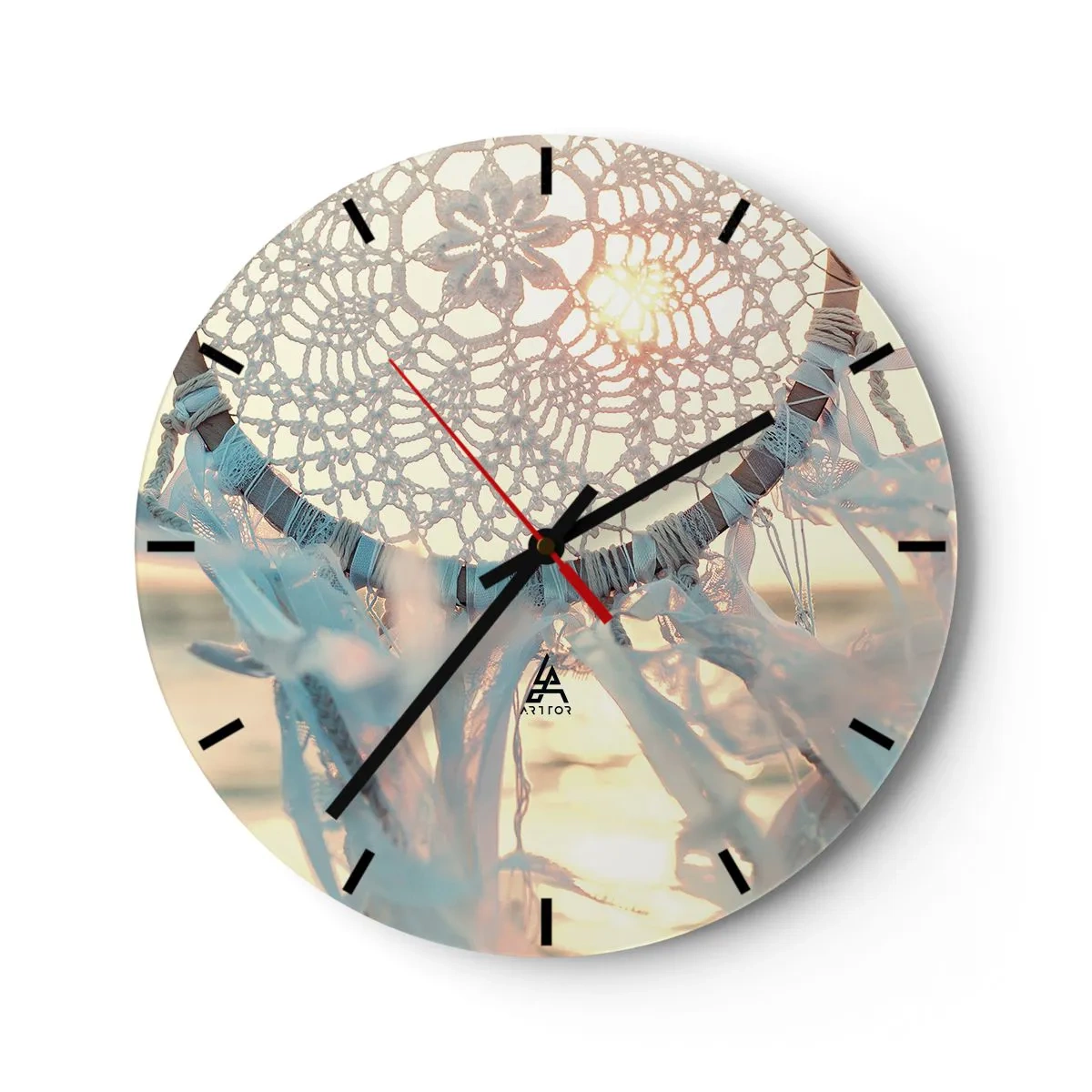 Relógio de parede - Relógio em vidro - Apanhador de sonhos de renda com fitas nos raios do pôr do sol - 30x30cm - Totem de renda - Decoração de parede moderna para a sala de estar, cozinha e quarto ARTTOR