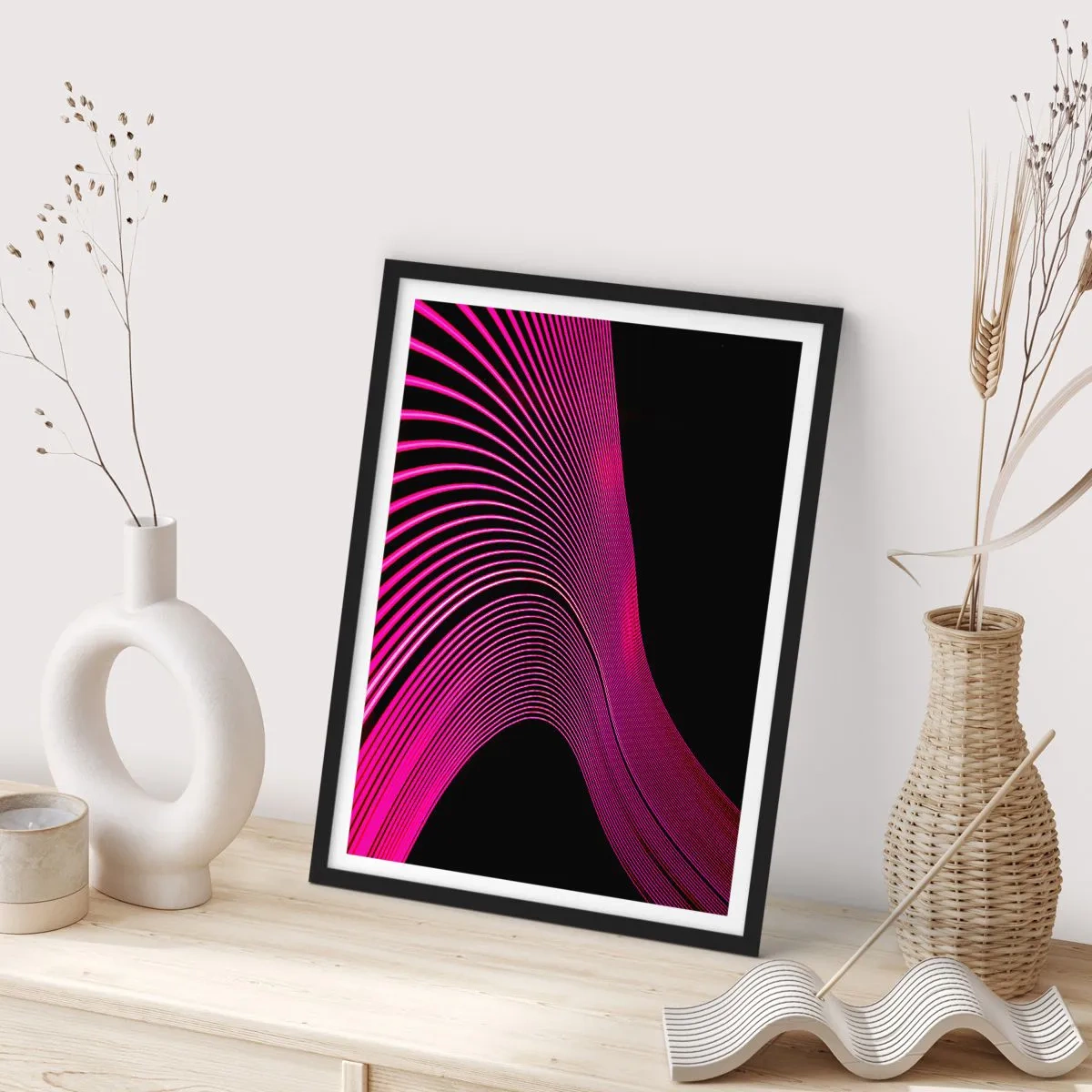 Pôster com moldura preta - Linhas rosa dinâmicas em um fundo preto - 50x70cm - Avenida da luz - Decoração de parede moderna para a sala de estar e quarto ARTTOR