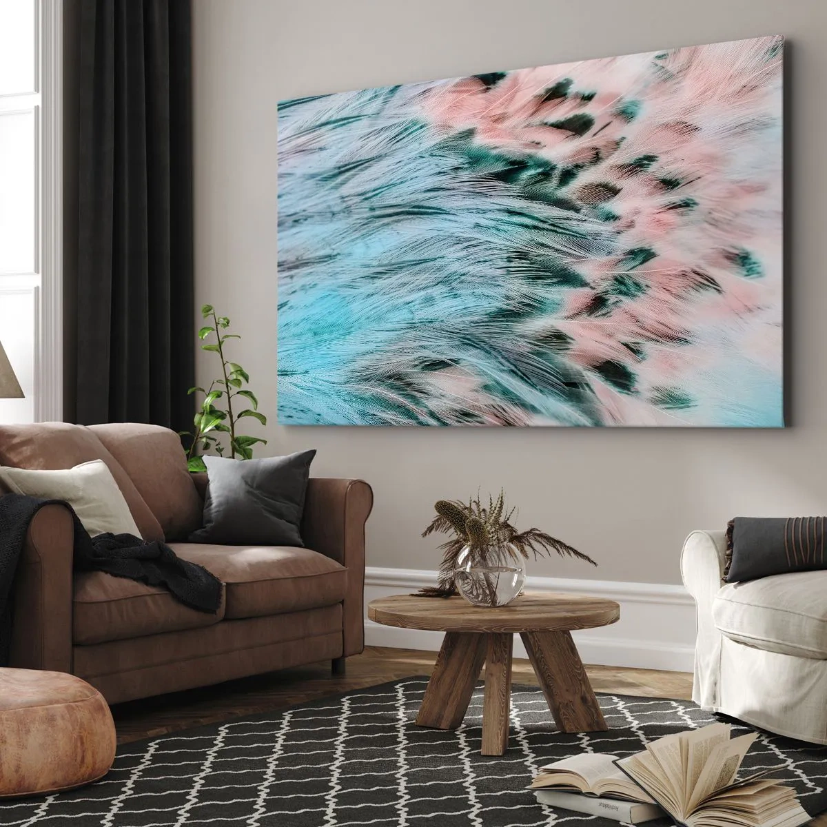 Quadro em tela - Close-up de penas em tons pastel rosa safira - 70x50cm - Penugem safira-rosa - Decoração de parede moderna para a sala de estar e quarto ARTTOR
