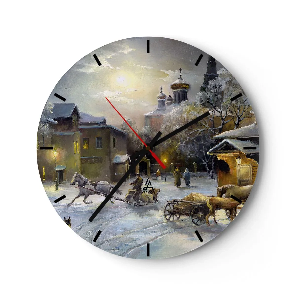 Relógio de parede - Relógio em vidro - Paisagem de inverno com cavalos e uma igreja ao fundo - 30x30cm - A magia do inverno russo - Decoração de parede moderna para a sala de estar, cozinha e quarto ARTTOR