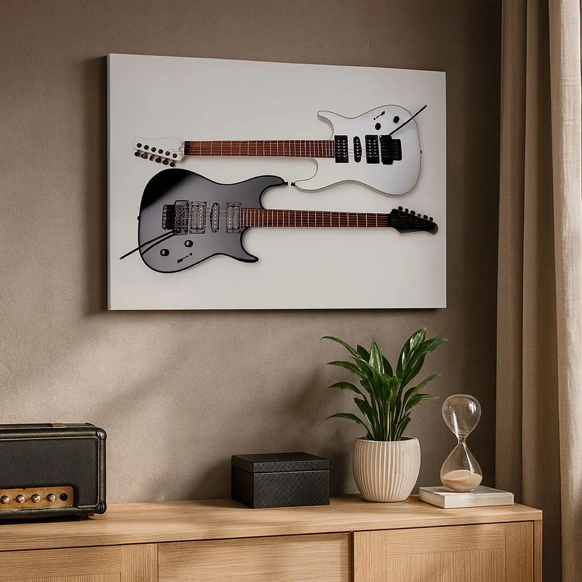 Quadro em tela - Duas guitarras elétricas em preto e branco sobre um fundo claro. - 70x50cm - Harmonia das formas - Decoração de parede moderna para a sala de estar e quarto ARTTOR